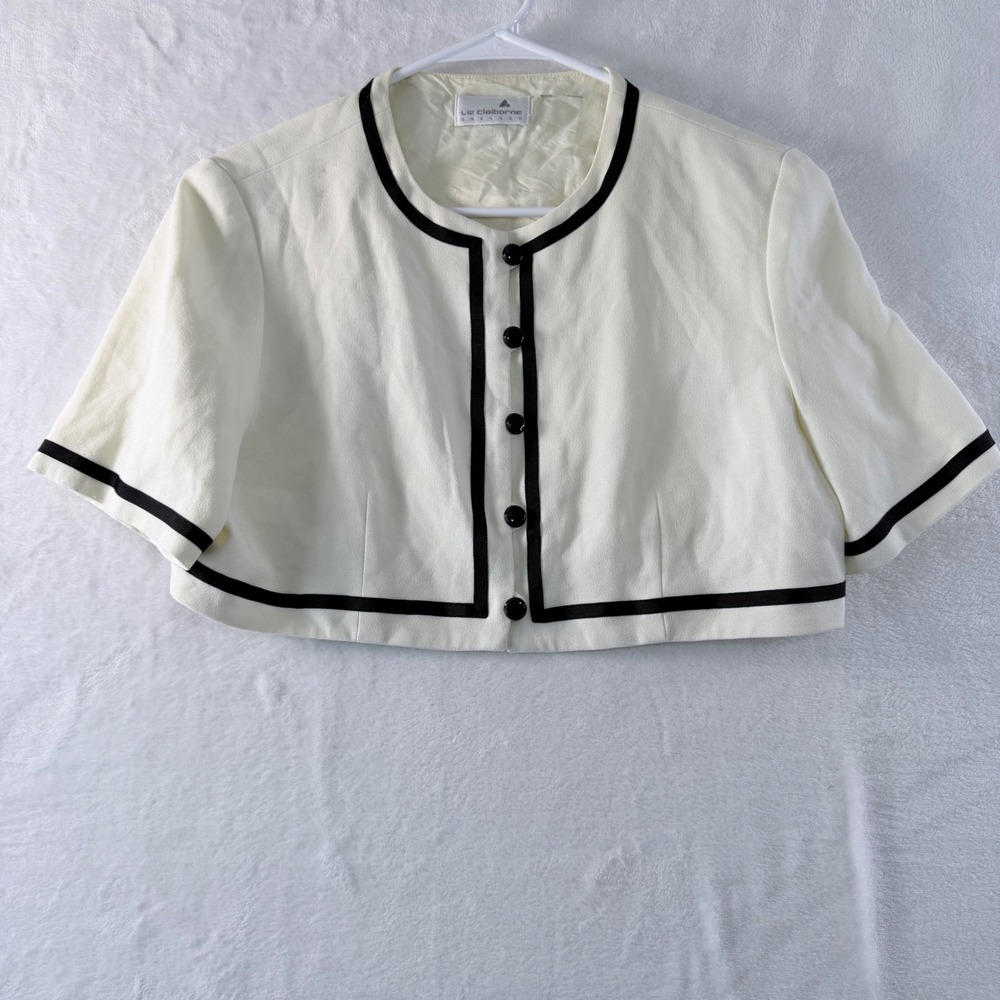 Liz Claiborne Cropped Jacket Womens Cream Black Trim‎ Button Front